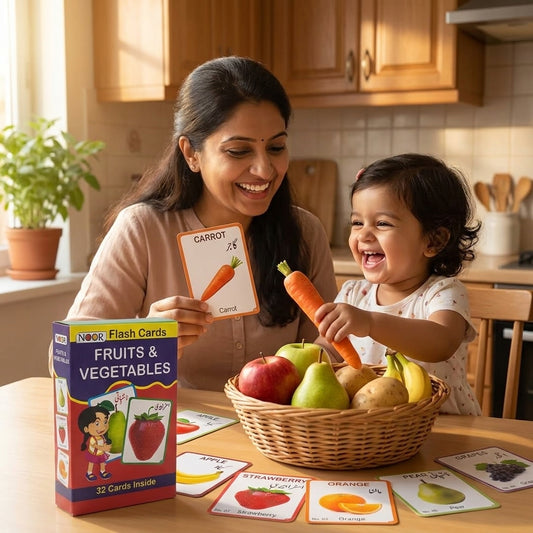 Fruits & Vegetables Flash Cards for Kids – English & Urdu (32 Cards)