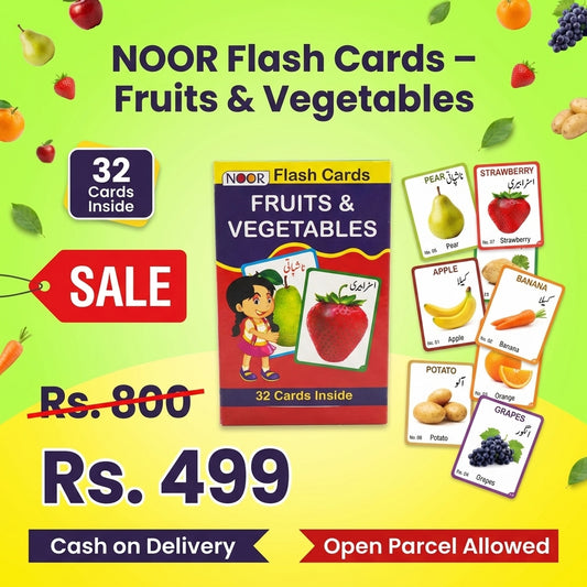 Fruits & Vegetables Flash Cards for Kids – English & Urdu (32 Cards)